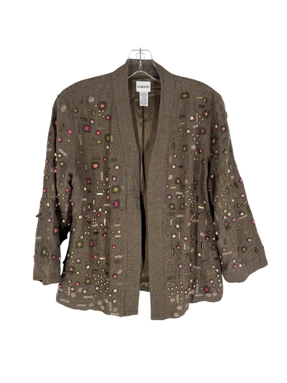 Chicos Beaded Linen Blazer Jacket Size 1 Bronze Brown Artsy Bling Womens Medium